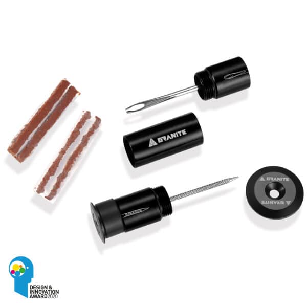 Granite Stash Zwart Bandenplugset opgeborgen in het stuur